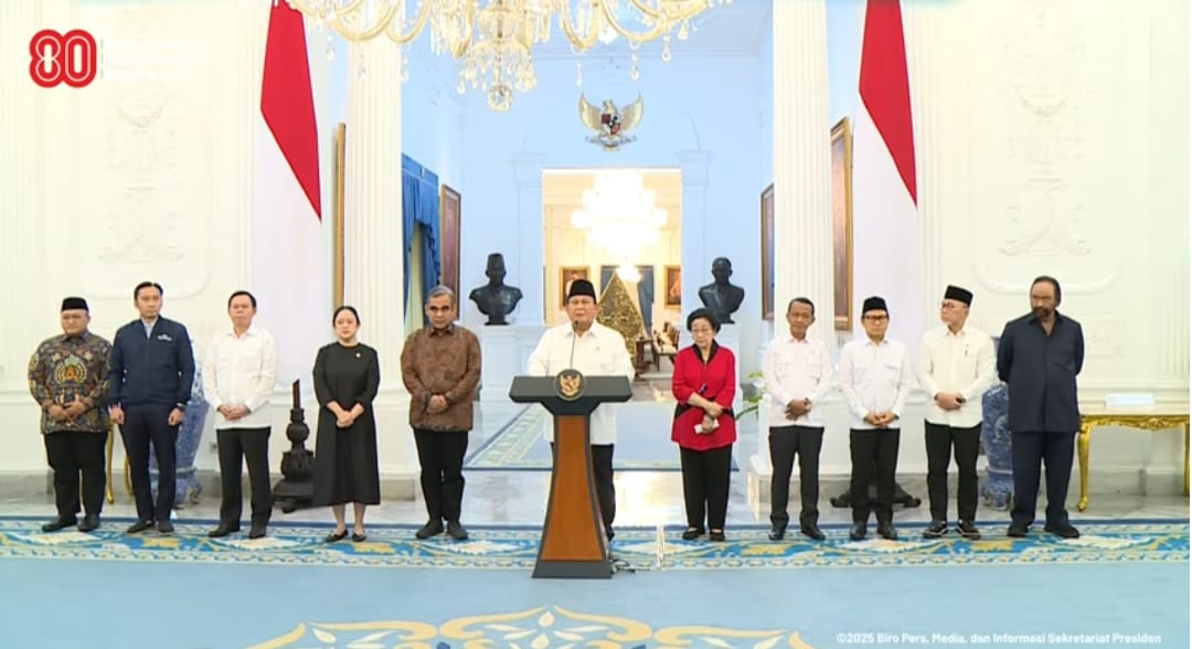 PRESIDEN RI PRABOWO SUBIANTO  BERSAMA KETUM PARPOL MENGGELAR KONFERENSI UNTUK MENYKAPI SITUASI SAAT INI